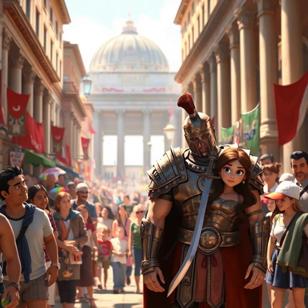 Miguel and Ana in the bustling streets of ancient Rome, a sad gladiator in armor with a sword, a lively crowd around them, detailed digital art, dynamic colors, lively atmosphere, high quality