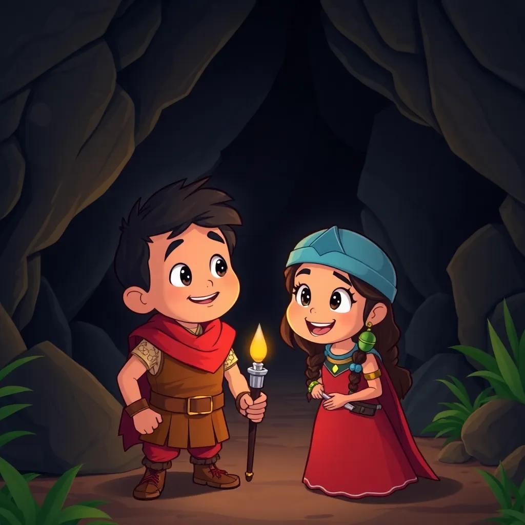 Miguel and Ana helping the gladiator find his friend, a cave in the background, dark but welcoming, adventure scene, cartoon style, colorful, engaging