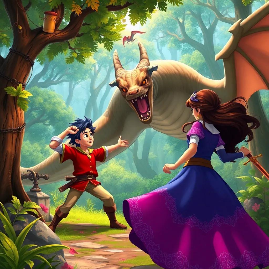 A medieval scene with Miguel and Ana bravely facing a dragon in a lush forest, colorful fantasy art, heroic pose, dynamic action, vibrant colors, cartoonish, high quality