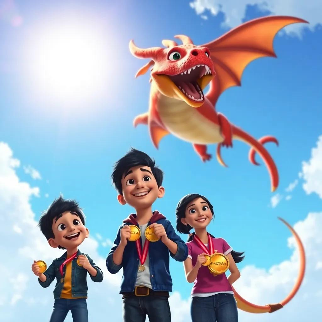 A dragon soaring away with a bright sky behind it, Miguel and Ana looking proud with golden medals in their hands, joyful and colorful, cheerful atmosphere, high quality