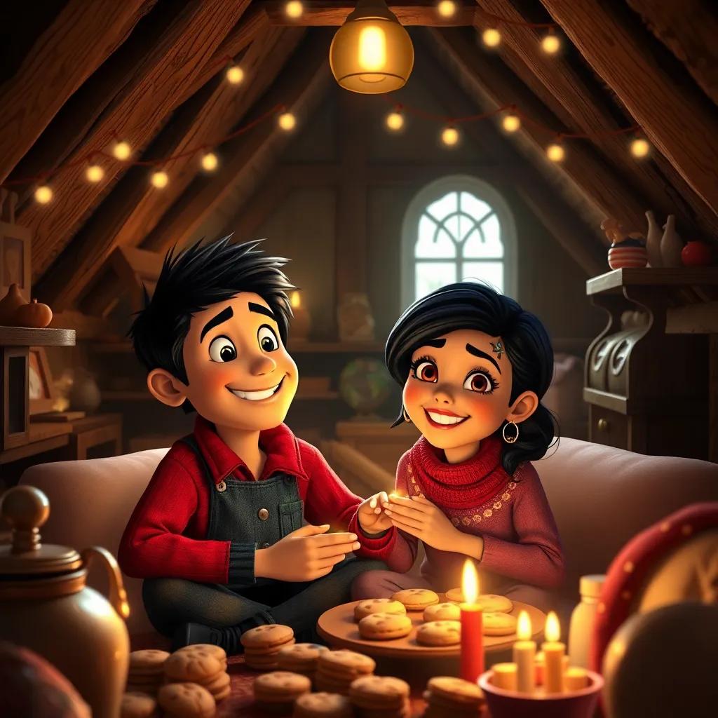 A cozy attic with Miguel and Ana surrounded by the smell of cookies, happy expression on their faces, warm light, nostalgic atmosphere, detailed digital art, high quality