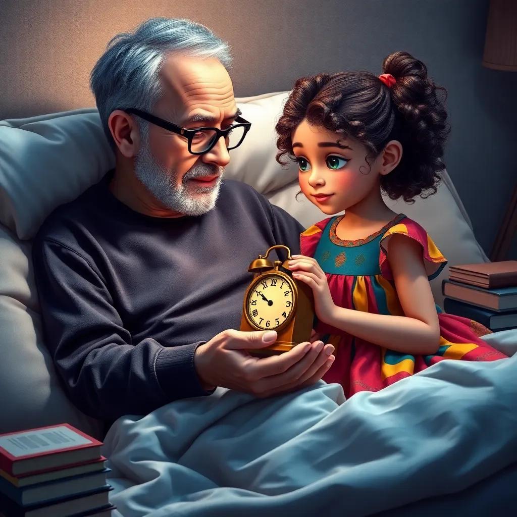 A sick older man, José, with gray hair, wearing glasses, sitting on a bed surrounded by books, giving a magical clock to his daughter Valentina, a young girl with curly brown hair and a colorful dress, soft light, emotional moment, heartwarming, storytelling view, high quality