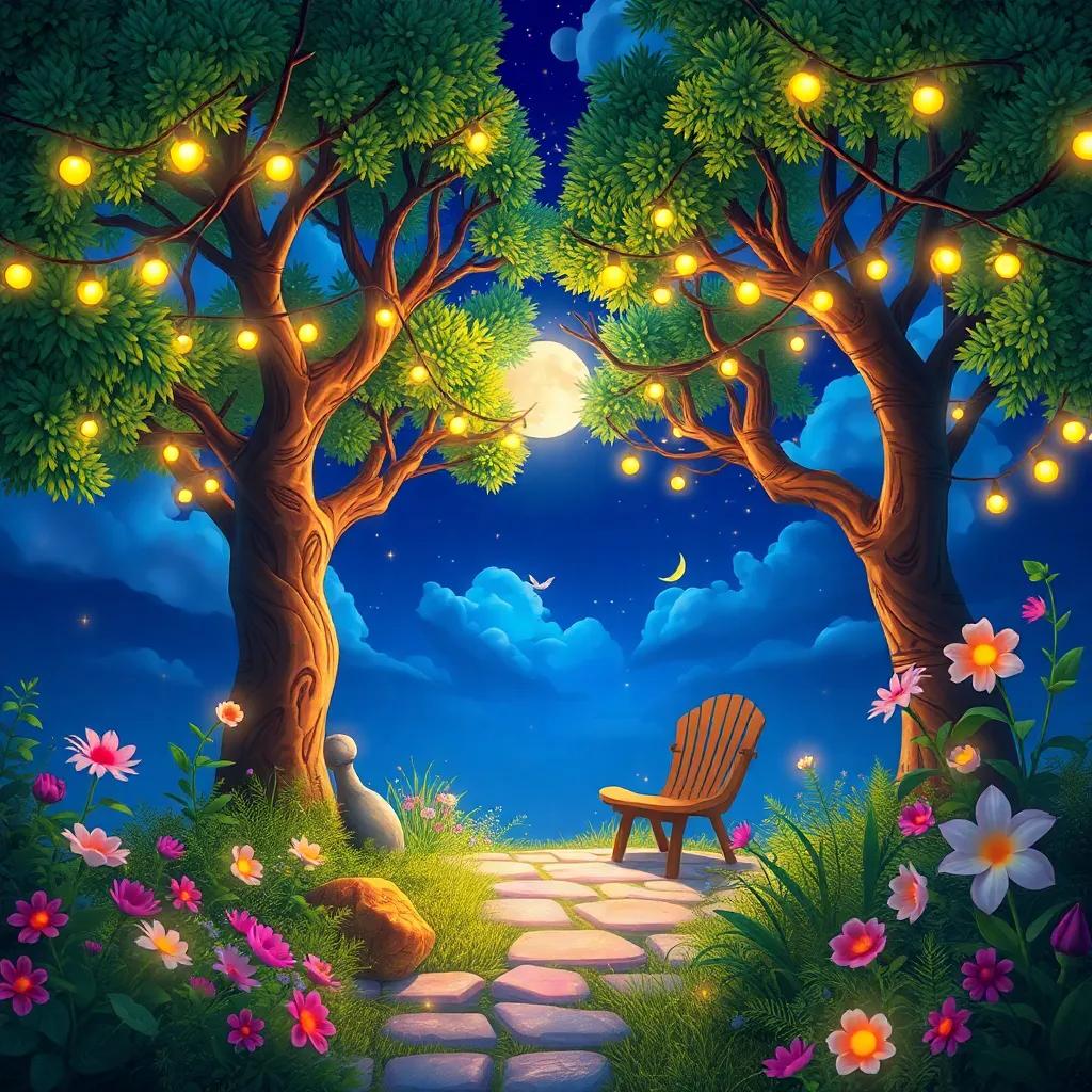 Ignacio en El rincón de los sueños, con árboles que hablan y flores que cantan, rodeado de luces brillantes y nubes suaves, whimsical scene, detailed digital art, enchanting atmosphere, cheerful colors, high quality