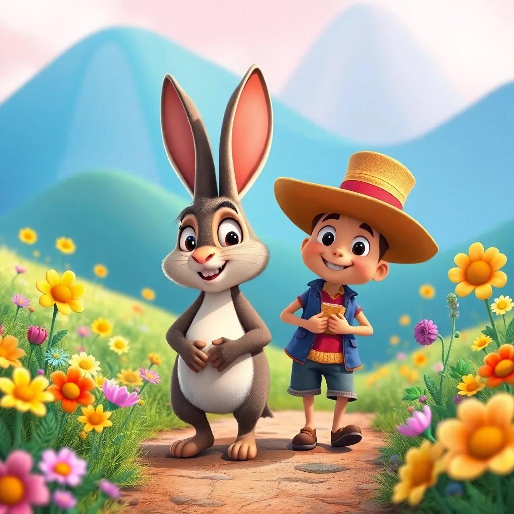 Bruno, un conejo travieso, con un sombrero azul y grandes orejas, sonriendo al lado de Ignacio, caminando por un sendero entre flores mágicas, colorful fantasy landscape, cheerful illustration, child-friendly, high quality