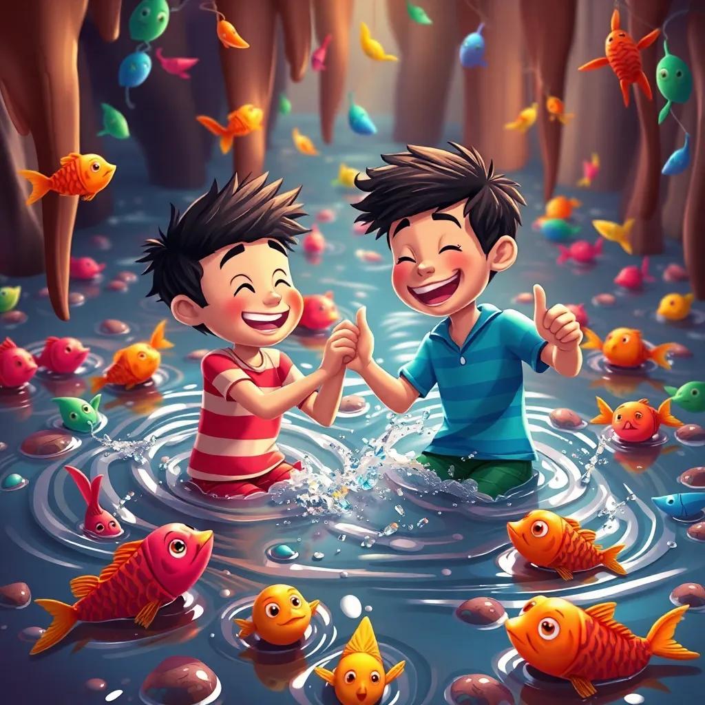 Ignacio y Bruno jugando en un río de chocolate, rodeados de peces de colores que danzan, cubiertos de risas y alegría, delightful scene, colorful, vibrant atmosphere, fantasy art, high quality