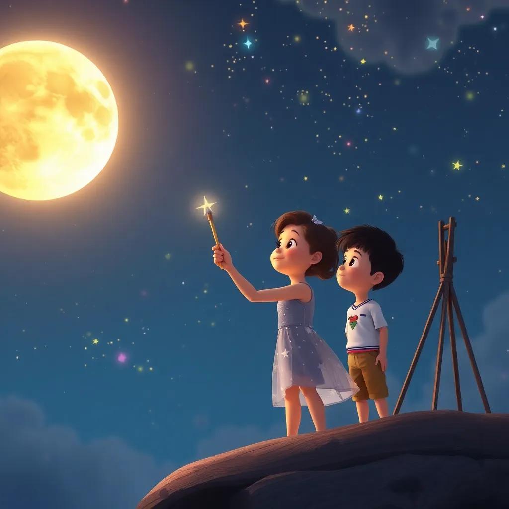 Luna, una niña con un vestido brillante, pintando el cielo, Ignacio y Bruno con pinceles mágicos, llenando el cielo de colores alegres, imaginative scene, child-friendly, bright colors, high quality