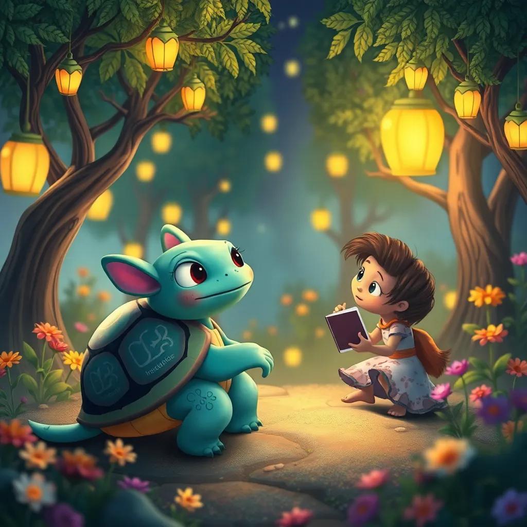 Tula, una sabia tortuga, hablando con Ignacio y sus amigos en un entorno mágico, con un fondo de árboles parlantes y flores cantantes, whimsical illustration, colorful environment, high quality