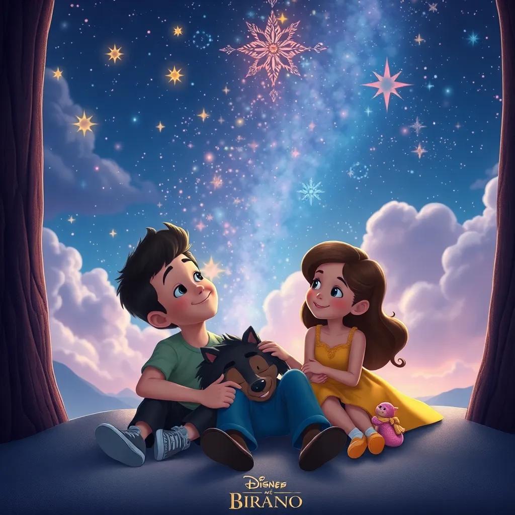 Ignacio, Bruno y Luna riendo juntos, disfrutando de la belleza de El rincón de los sueños, bajo un cielo pintado con estrellas brillantes y nubes encantadoras, magical, dreamlike scene, uplifting colors, high quality