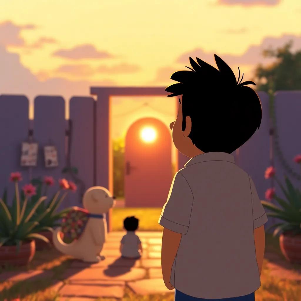 Ignacio mirando la puesta de sol y sonriendo, despidiéndose de sus nuevos amigos, con la puerta dorada detrás de él hacia su jardín, warm light, heartfelt scene, colorful atmosphere, high quality