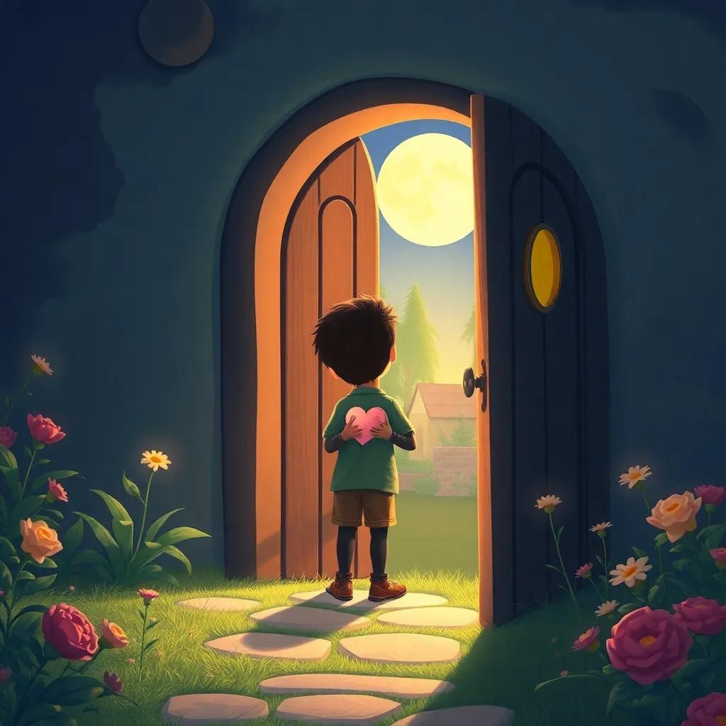Ignacio regresando por la puerta dorada, su corazón lleno de sueños, su jardín brillando a la luz de la luna, lovely illustration, peaceful atmosphere, high quality