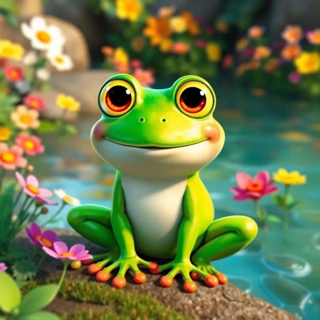 A cheerful frog named Sapo Saltador, with bright green skin and big, friendly eyes, sitting by a vibrant river surrounded by colorful flowers, digital art, playful, bright colors, joyful atmosphere, high quality