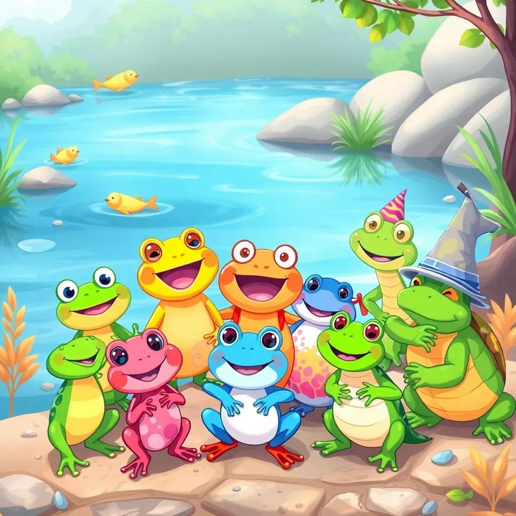 A group of joyful animals by the river, including colorful frogs, shiny fish, and wise turtles, all gathered together with excitement for a party, illustration, cheerful, colorful scene, child-friendly