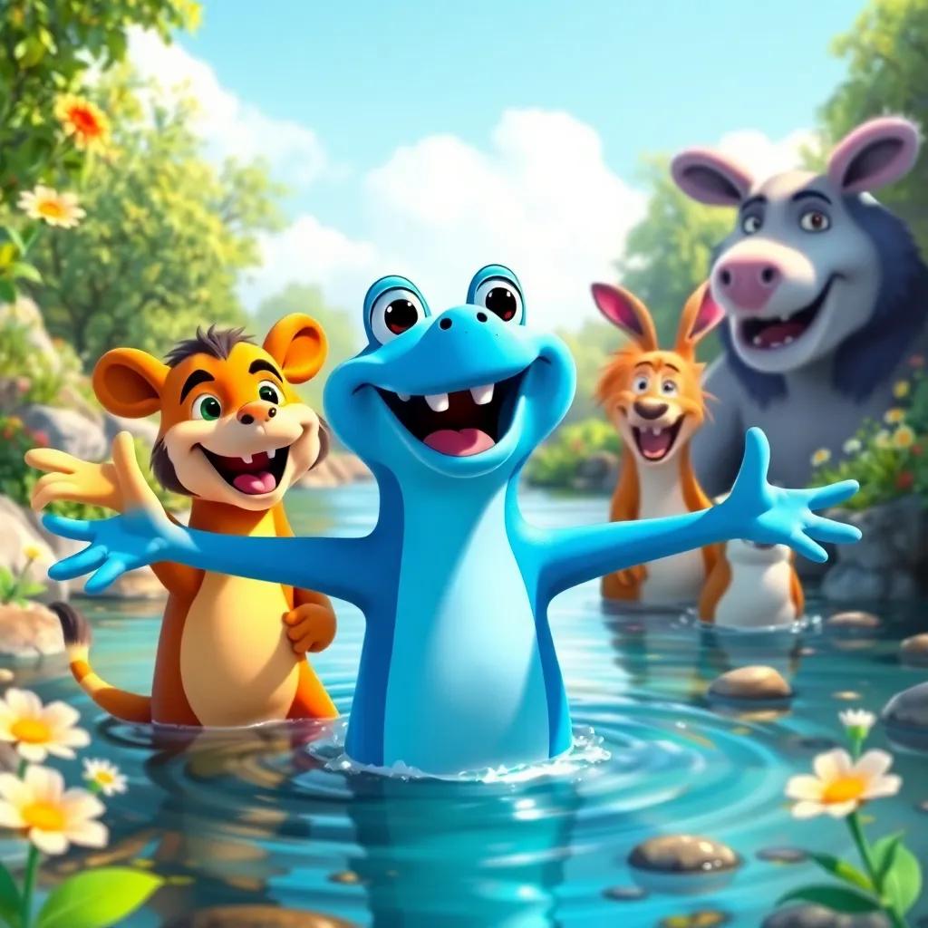 Sapo Saltador happily inviting his animal friends, showing excitement with open arms, in a lively river setting with flowers and sunshine, digital painting, vibrant colors, engaging imagery