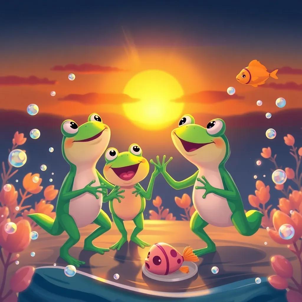 Frogs singing and dancing under the sunset, with bubbles floating around from the fish, creating a beautiful atmosphere of joy and friendship, illustration, cheerful, colorful