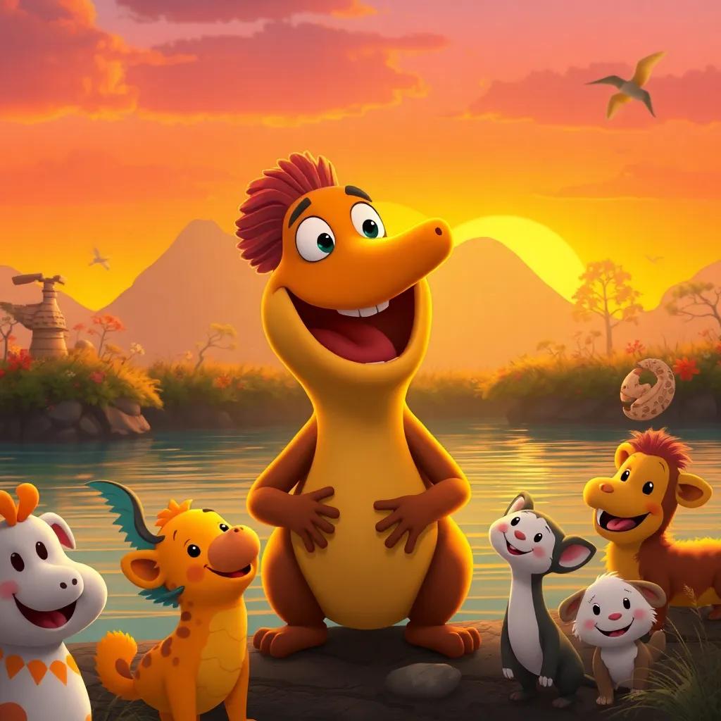 A sunset scene with Sapo Saltador thanking all his friends, smiling widely by the river, surrounded by cheerful animals, digital art, warm colors, heartwarming