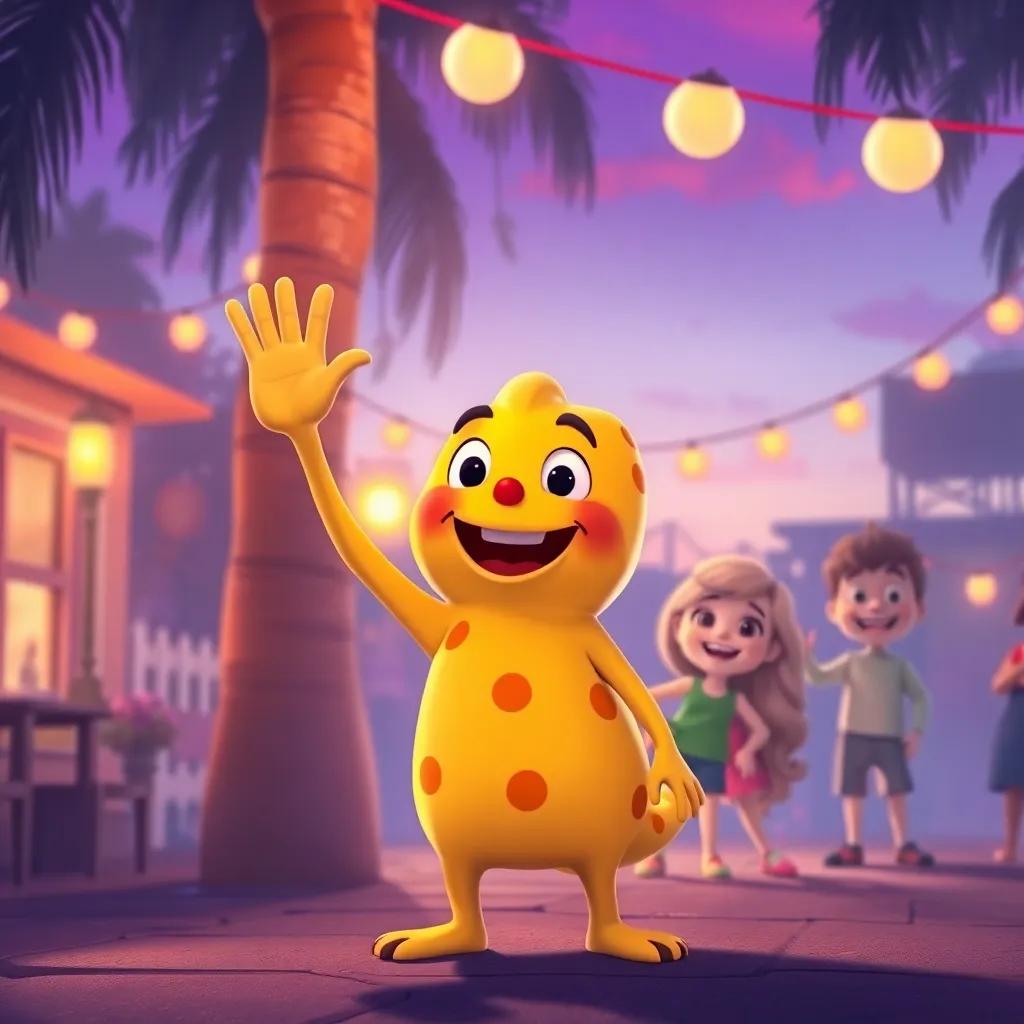 Sapo Saltador waving goodbye to his friends after the party, with twilight lighting and happy expressions, colorful and engaging imagery, illustration, soft colors, nostalgic atmosphere