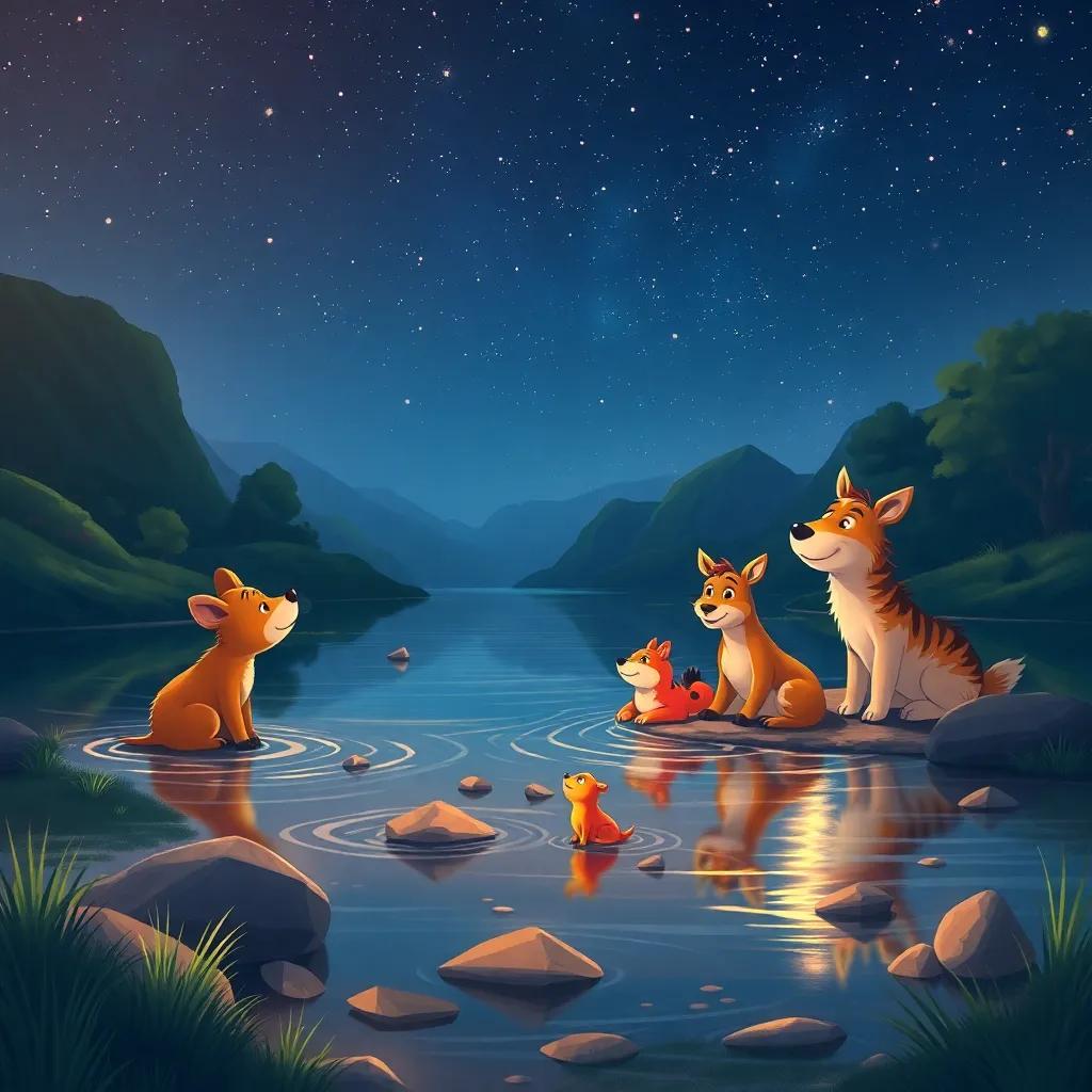 A beautiful river scene at night with stars above, where the animals are reminiscing about their wonderful party, digital painting, dreamy, warm colors, peaceful