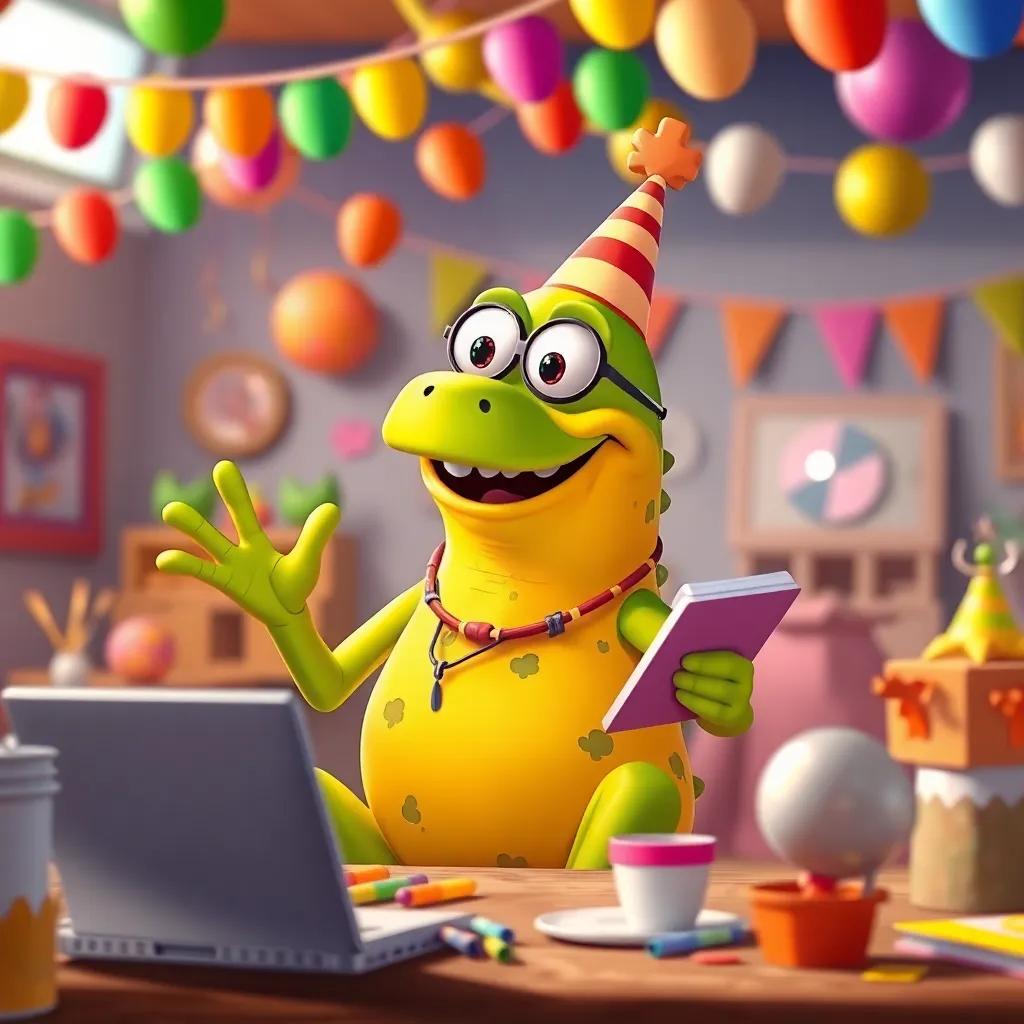 Sapo Saltador planning another party, excited and full of ideas, surrounded by notepad and colorful decorations, digital art, bright and optimistic, lively atmosphere