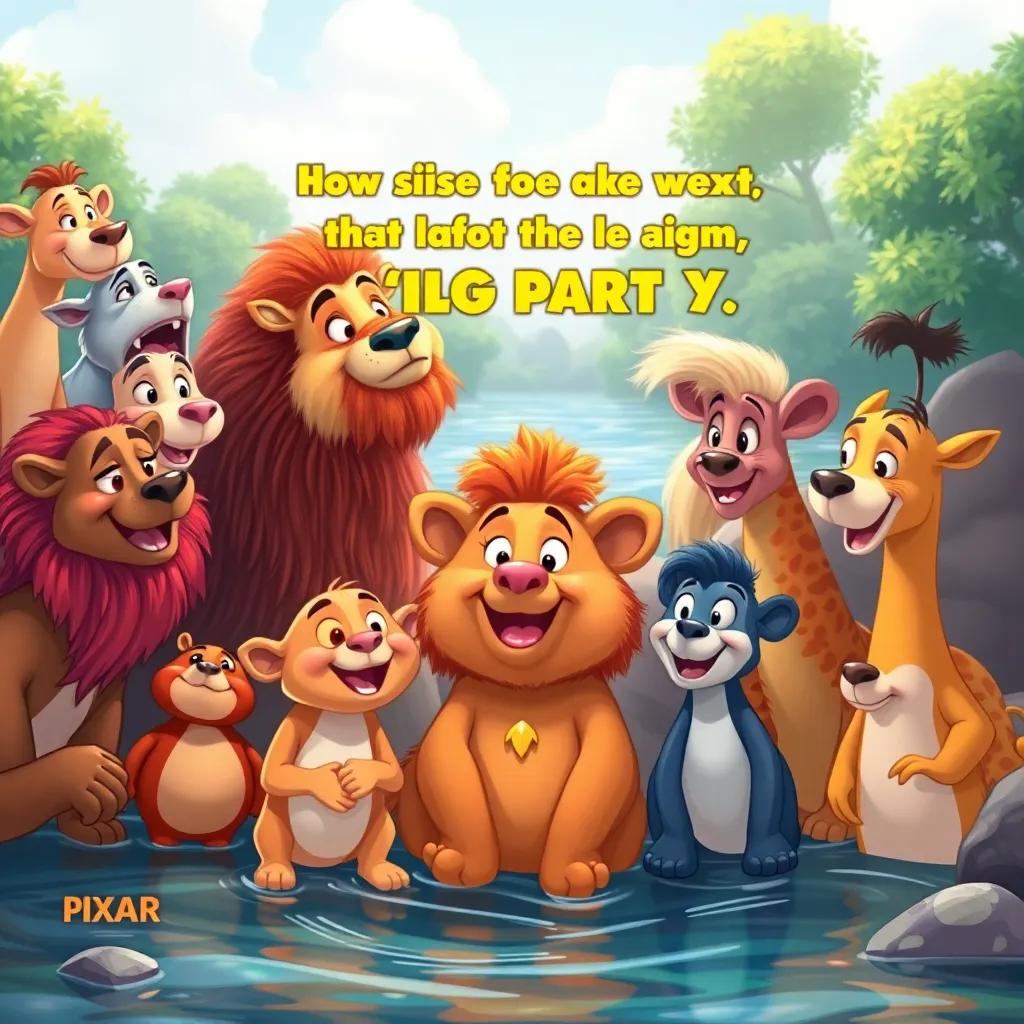 All the animals smiling and promising to meet again for the next big river party, heartwarming, colorful scene, illustration, joyful expressions, community spirit