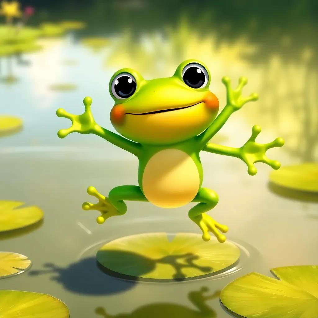 A cheerful frog, Tito, with bright green skin and big eyes, jumping joyfully on a lily pad in a sunny pond, digital art, vibrant colors, happy atmosphere, high quality