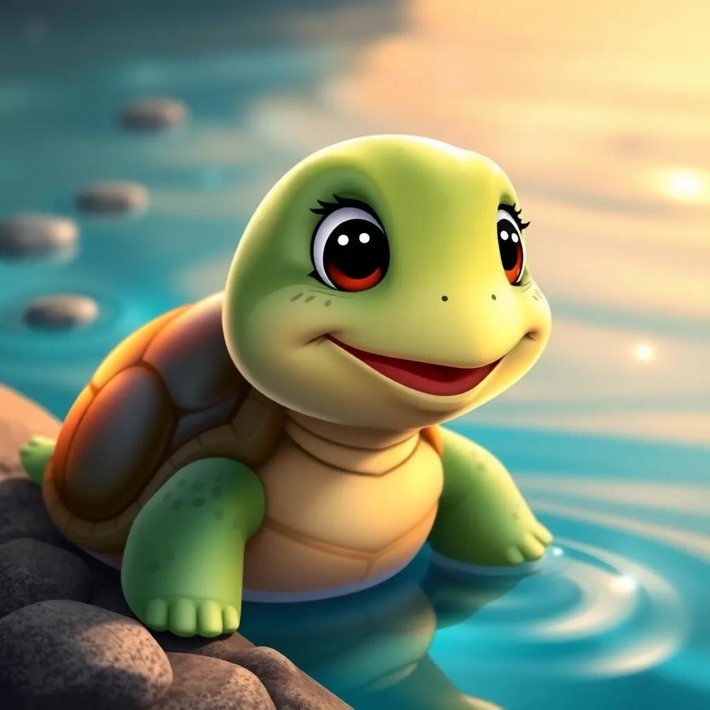 A happy turtle, Tina, with a shiny shell and smiling face, sitting beside the water, listening to Tito, detailed illustration, friendly, warm light, colorful