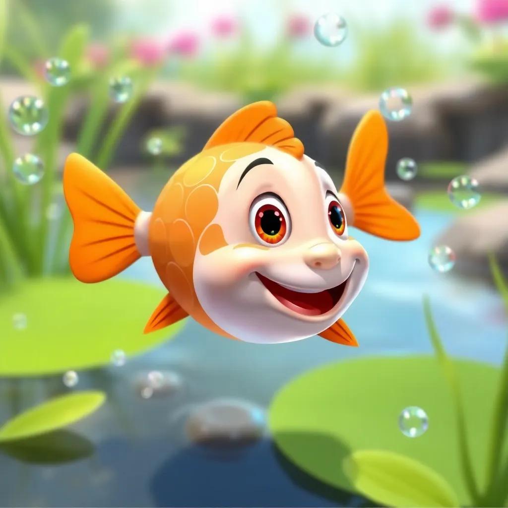 A playful fish, Paco, with orange scales swimming around in the pond, bubbles rising, cheerful expression, bright colors, lively scenery, cartoon style