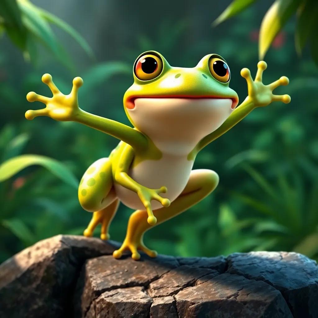 A joyful frog, Rina, with green spots and a big smile, leaping from a rock to join Tito's singing, in a lush green environment, detailed art, vivid colors, captivating scene