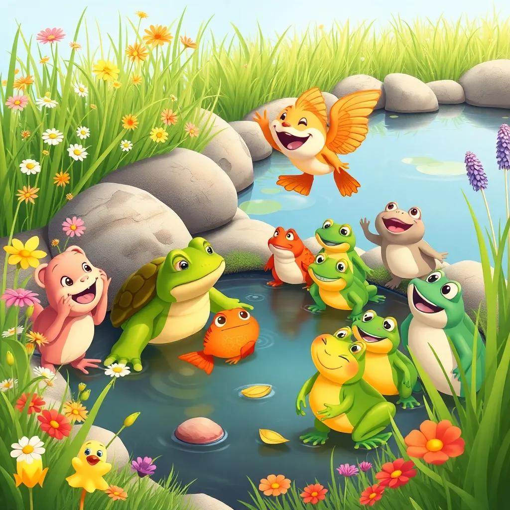 A group of animals gathered by the pond, including a turtle, fish, and frogs happily singing together, surrounded by flowers and tall grass, cheerful and colorful, illustration