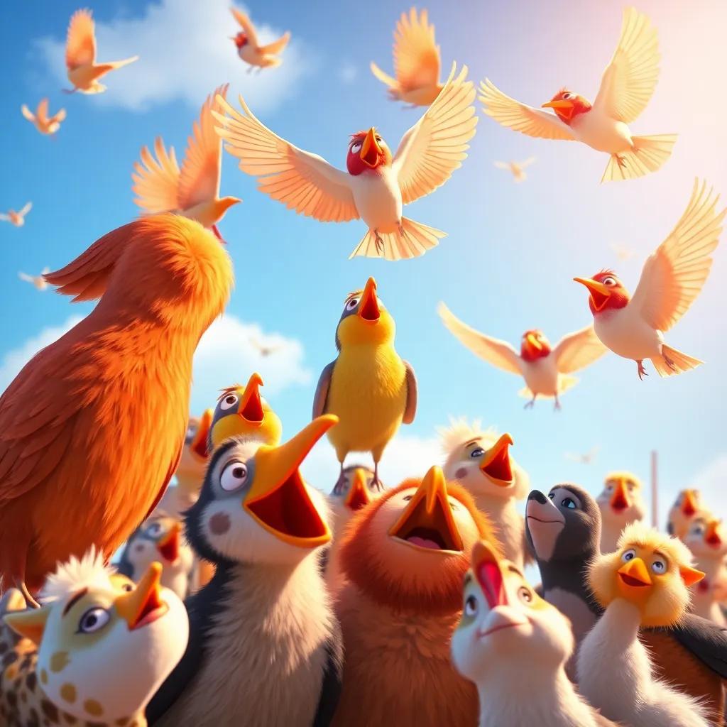 Birds above joining the chorus, with bright feathers flying around in the blue sky, watching the cheerful animals below, happy atmosphere, lively colors, captivating