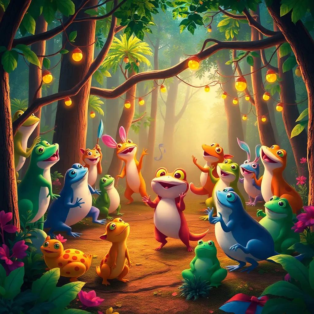 A beautiful scene in the forest, where many animals are dancing and enjoying the music of the frog chorus, colorful, vibrant, uplifting imagery