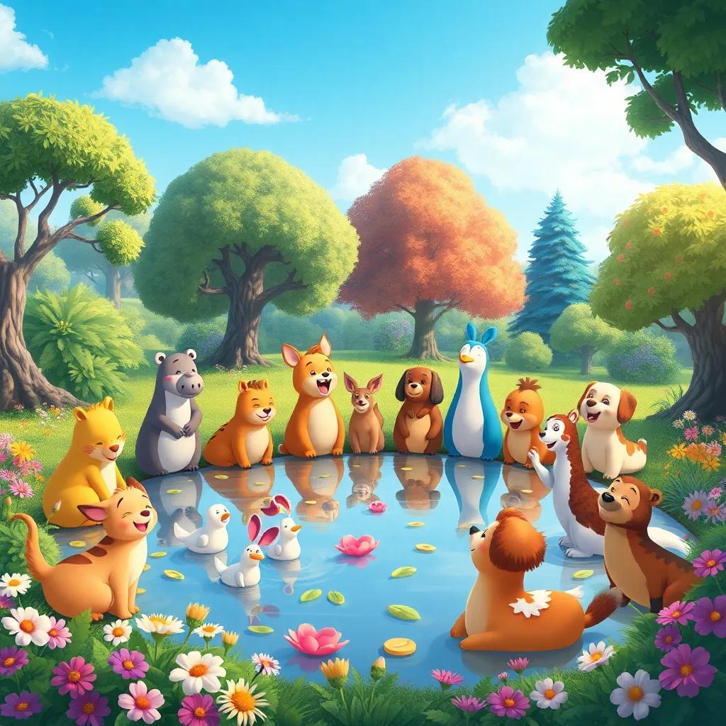 An idyllic pond scene, full of animals singing together joyfully, surrounded by trees, flowers, and blue skies, colorful and bright, heartwarming illustration
