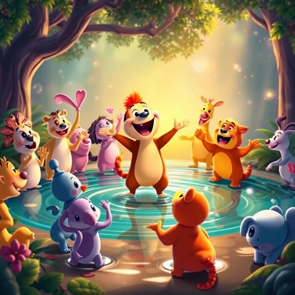 A group of joyful animals singing and dancing, with Tito leading them happily at the center of the pond, magical atmosphere, vibrant colors, delightful scene
