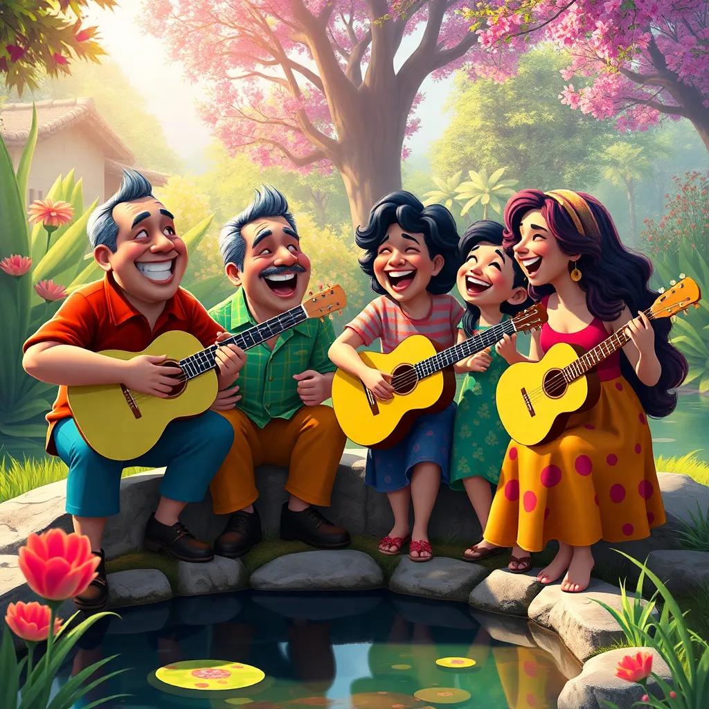 A beloved group of friends, Tito, Tina, Paco, Rina, and others celebrating their music with laughter and happiness by the pond, colorful and inclusive, uplifting art