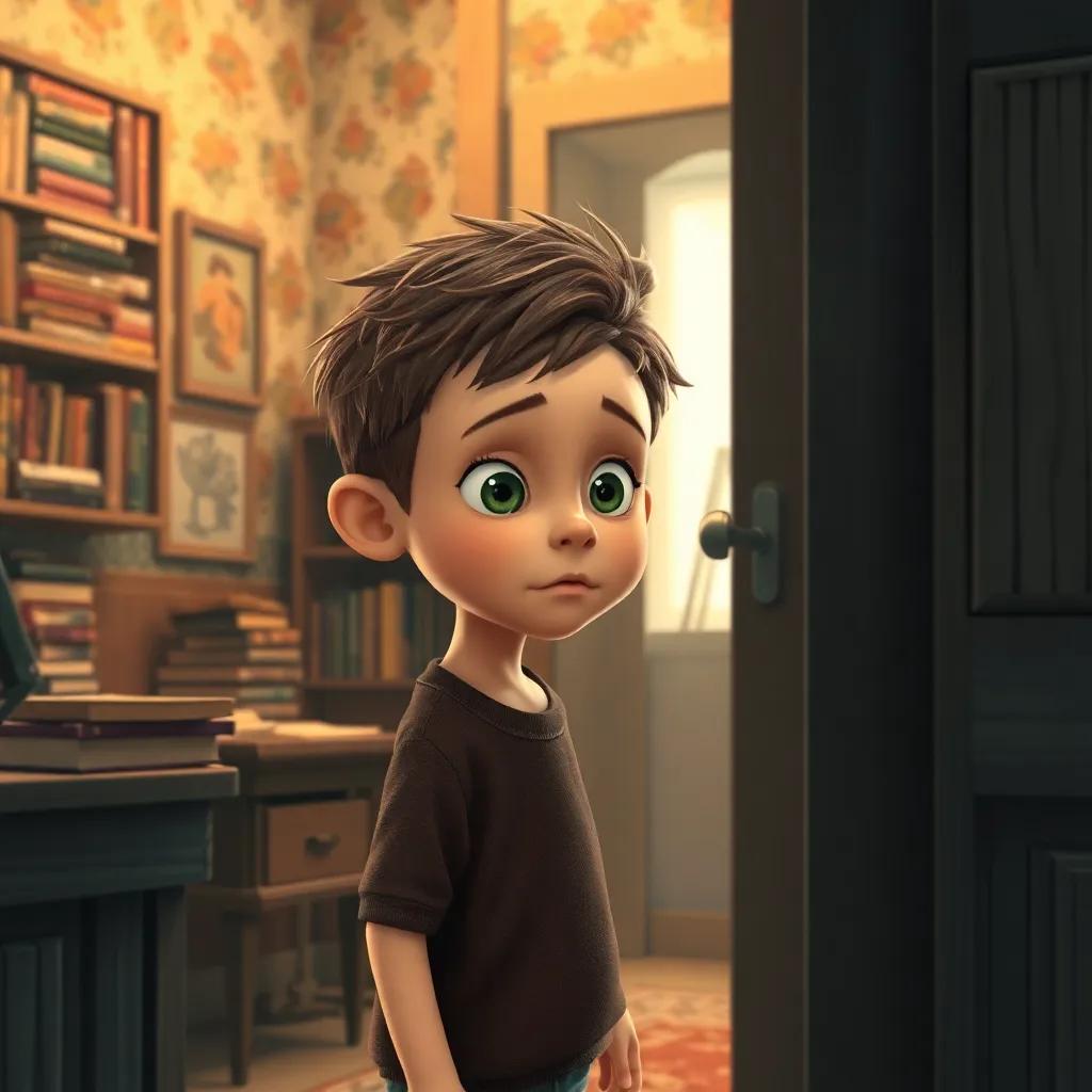 Lucas, un niño curioso de 7 años, con cabello corto y desordenado, mirando por la puerta entreabierta de la habitación de la abuelita, expresión de asombro, habitación con paredes repletas de libros, arte digital, cálido y nostálgico