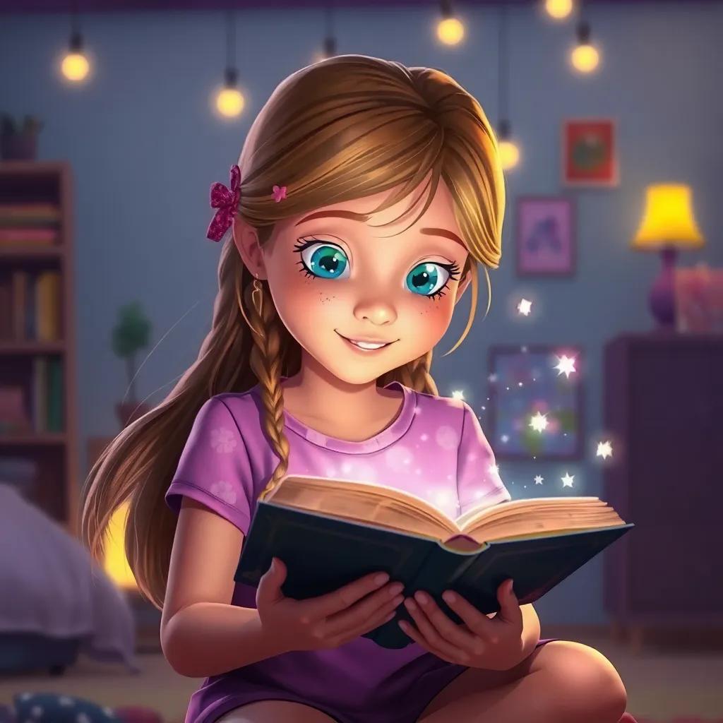 Sara, una niña de 7 años con trenzas largas, con una camiseta de colores vivos, acercándose al libro mágico que flota, rodeada de luces brillantes en la habitación, arte digital, colorido y alegre