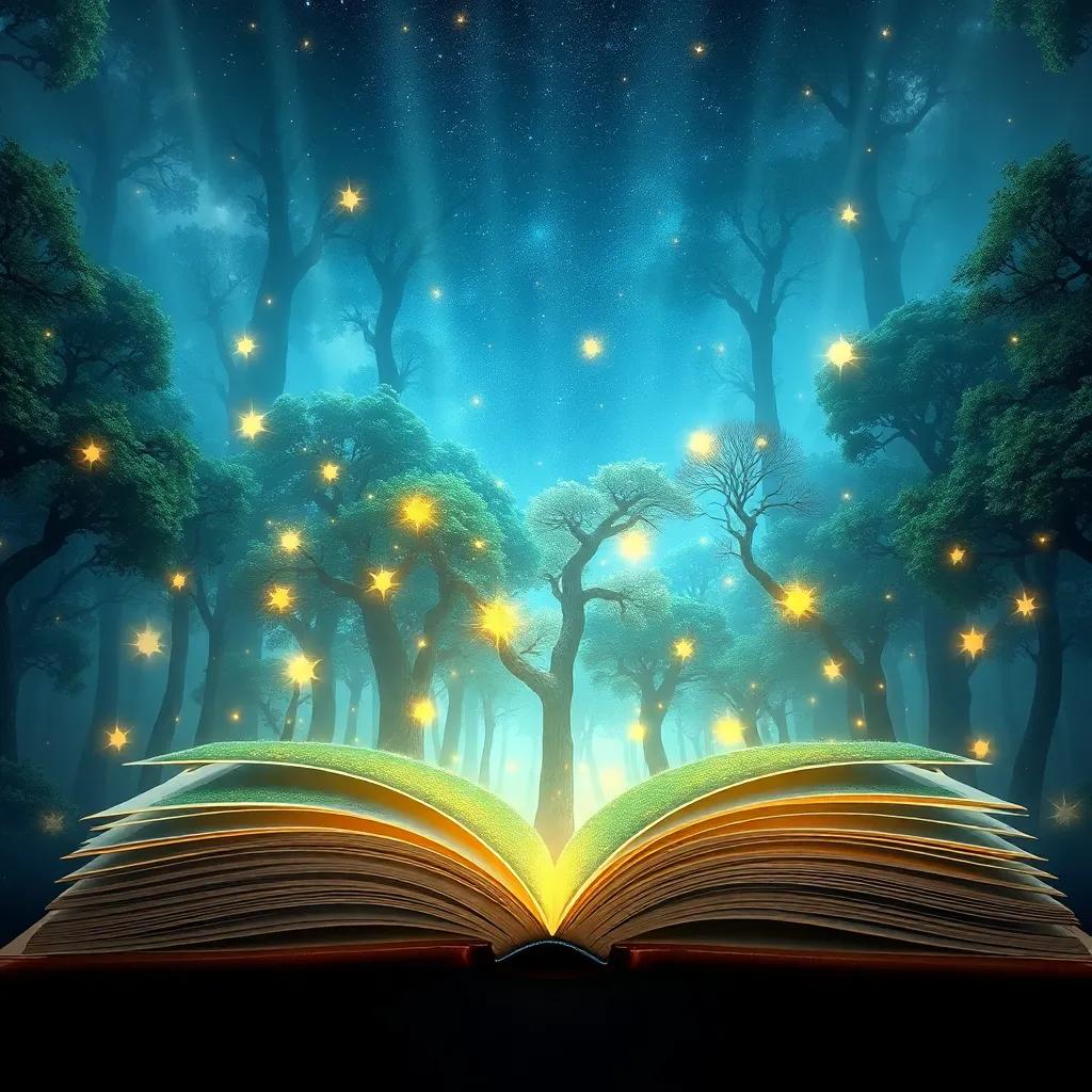 El libro mágico abierto, con páginas brillantes volando, mostrando un bosque encantado con árboles altos y estrellas fugitivas, luces mágicas flotando alrededor, arte digital, vibrante y misterioso