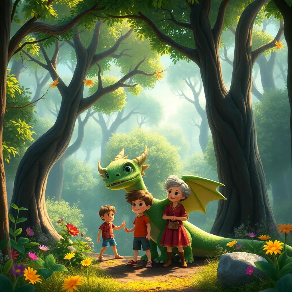 Un bosque mágico con árboles altos y flores de colores, Lucas, Sara y la abuelita explorando, un dragón amistoso llamado Firulais, con escamas verdes, sonriendo, arte digital, fantástico y mágico