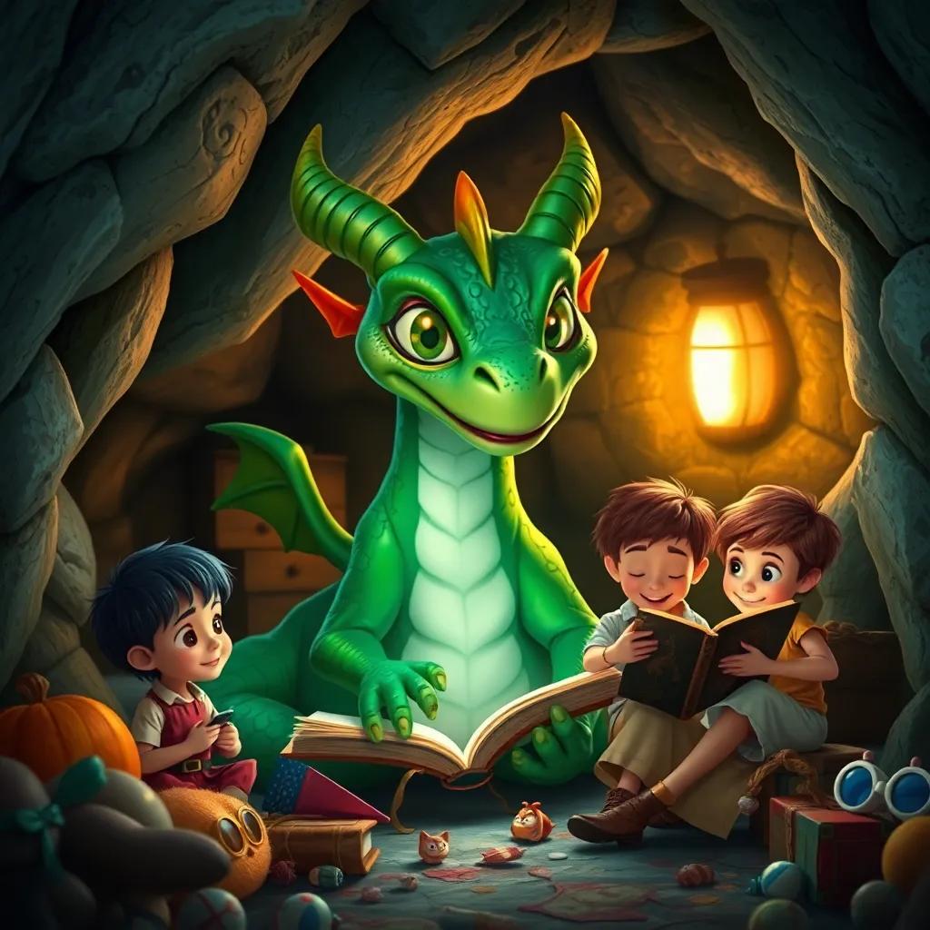 Firulais, un dragón amistoso de escamas verdes con ojos brillantes, en una cueva llena de tesoros y juguetes, los niños tocando un viejo libro de cuentos, arte digital, encantador y lleno de maravilla