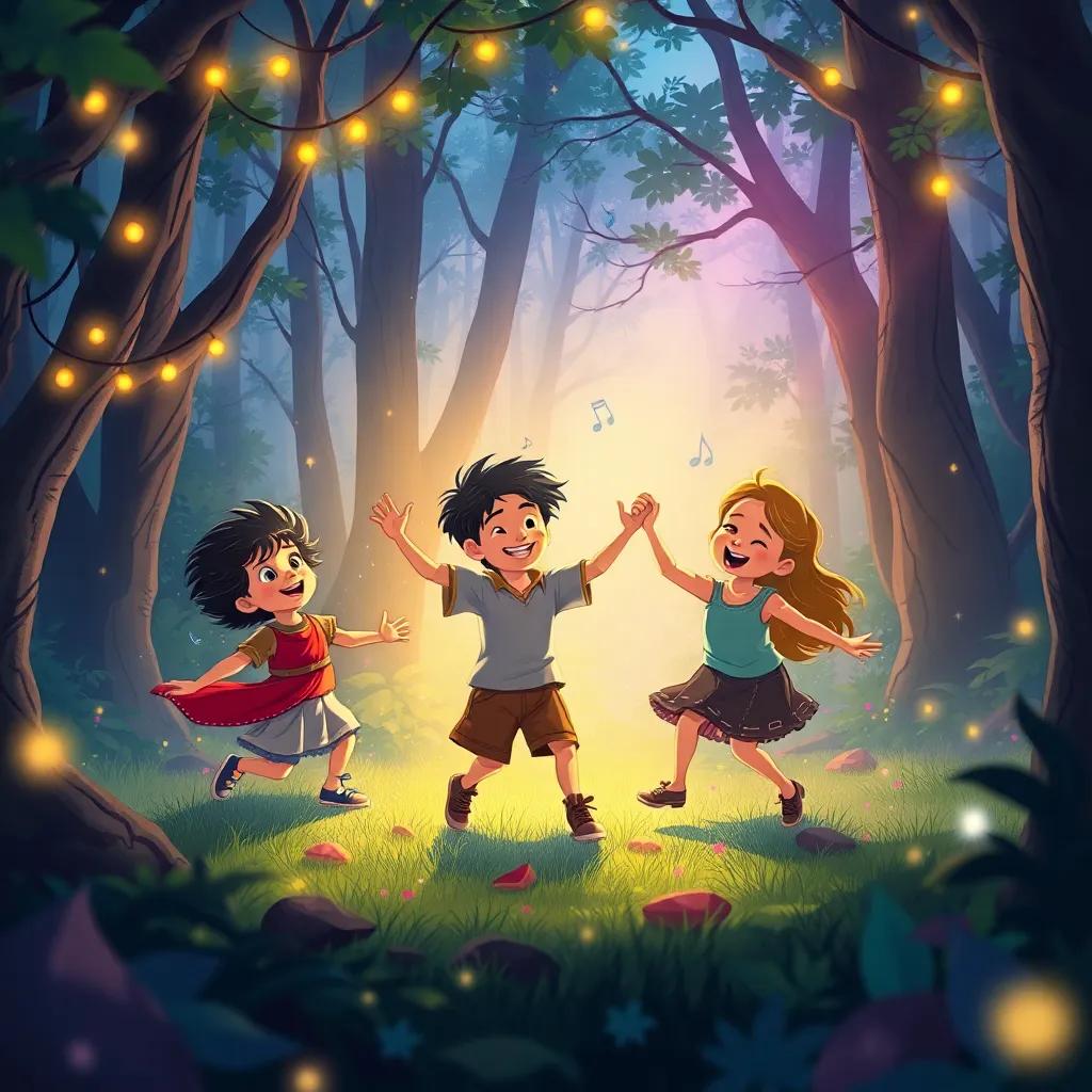 Los niños bailando en el bosque, con música mágica envolviéndolos, luces y estrellas flotando a su alrededor, arte digital, vibrante y festivo