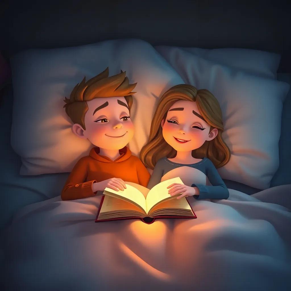 Lucas y Sara en su cama, sonriendo en sueños, pensando en dragones y aventuras, el libro mágico en la mesita de noche, luz suave y reconfortante, arte digital, cálido e íntimo