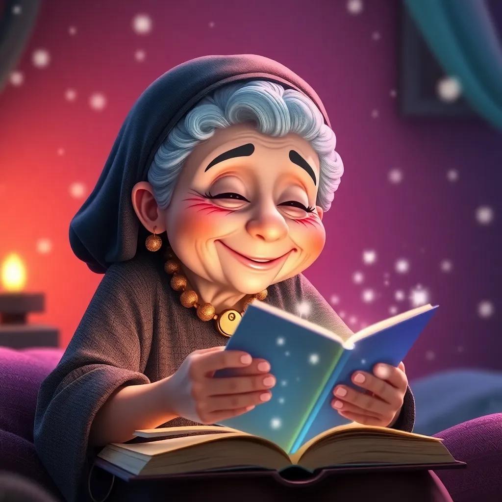 La abuelita sonriendo con amor, abriendo el libro mágico que brilla, en un ambiente de cuentos y susurros, arte digital, entrañable y acogedor