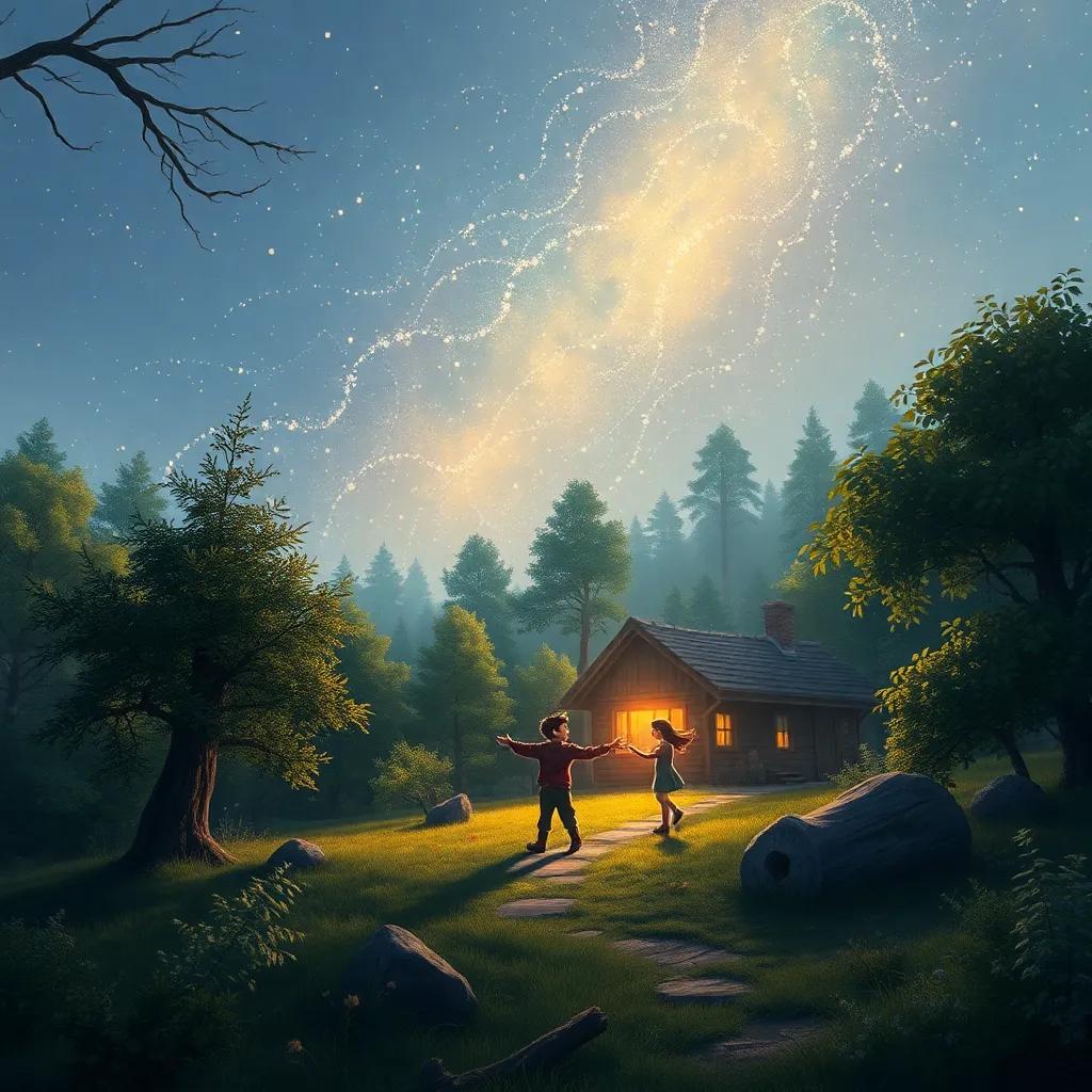 El final de la aventura en el bosque, la abuelita, Lucas y Sara volviendo a su hogar, con un telón de fondo de estrellas y magia, arte digital, conmovedor y esperanzador