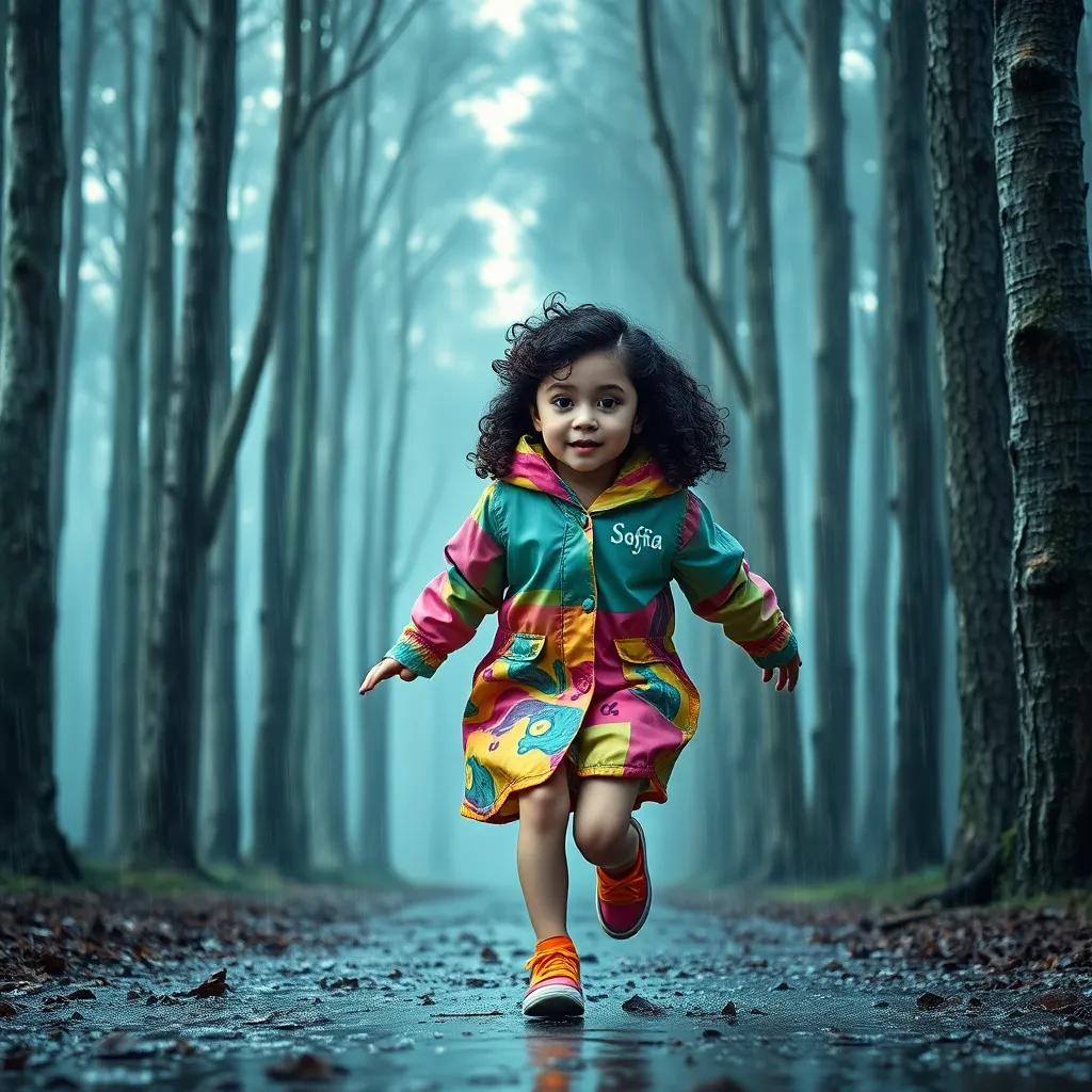 A young girl named Sofía, with curly hair, wearing a colorful raincoat, running through a rainy gray forest with tall trees, big raindrops falling, digital art, vibrant colors, atmospheric, engaging