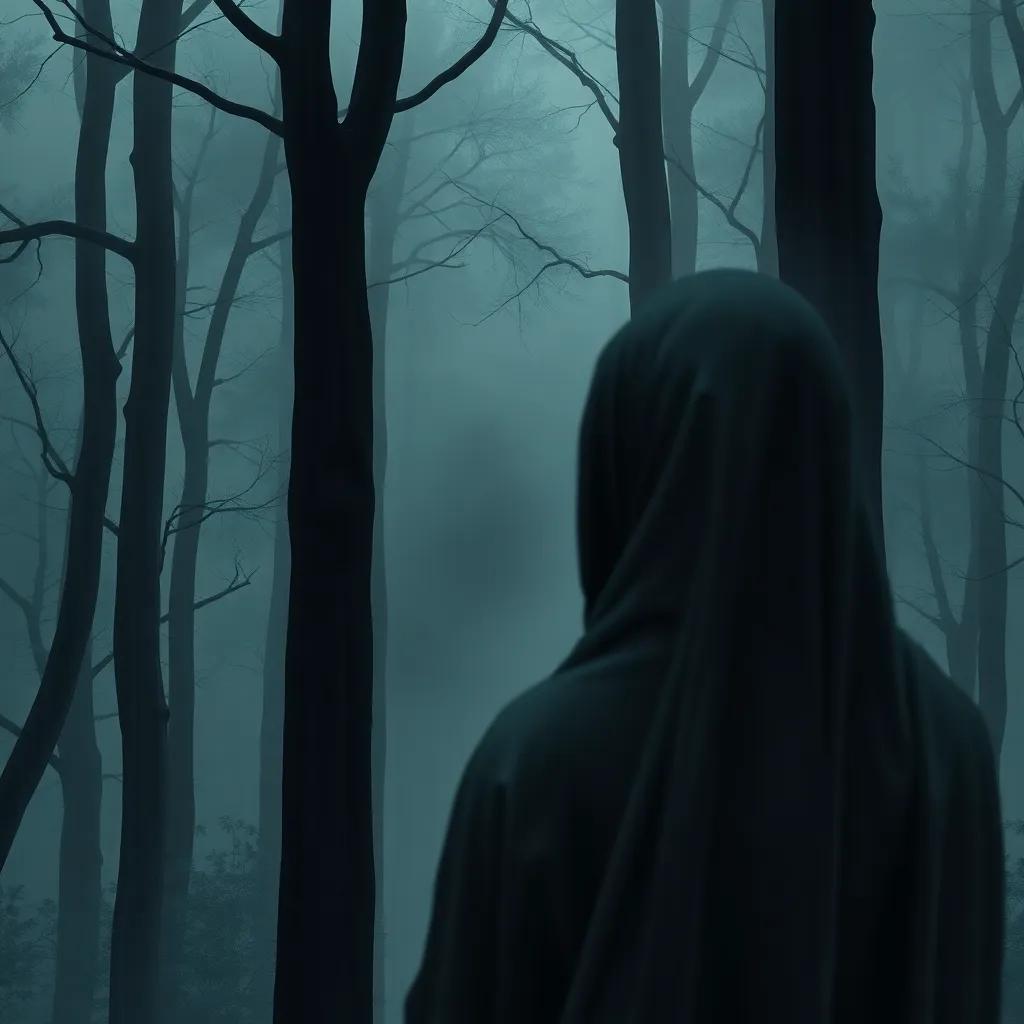 A shadowy figure with pale skin and misty eyes watching Sofía from behind trees in a foggy, rainy forest, mysterious and eerie atmosphere, fantasy illustration, detailed and dark