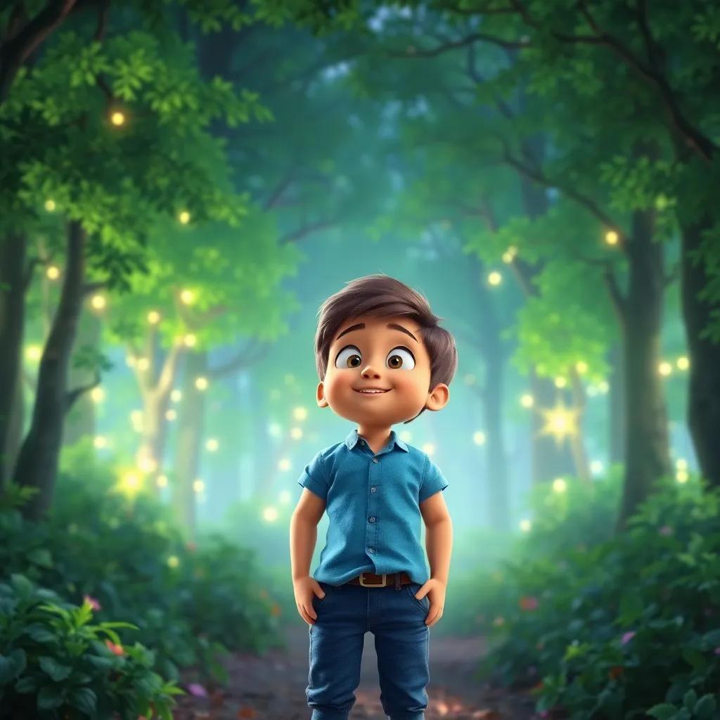 A young boy, Pablo, with short brown hair, wearing a blue shirt and jeans, standing in a magical forest filled with bright green trees, looking amazed, digital art, vibrant colors, enchanting atmosphere, child-friendly