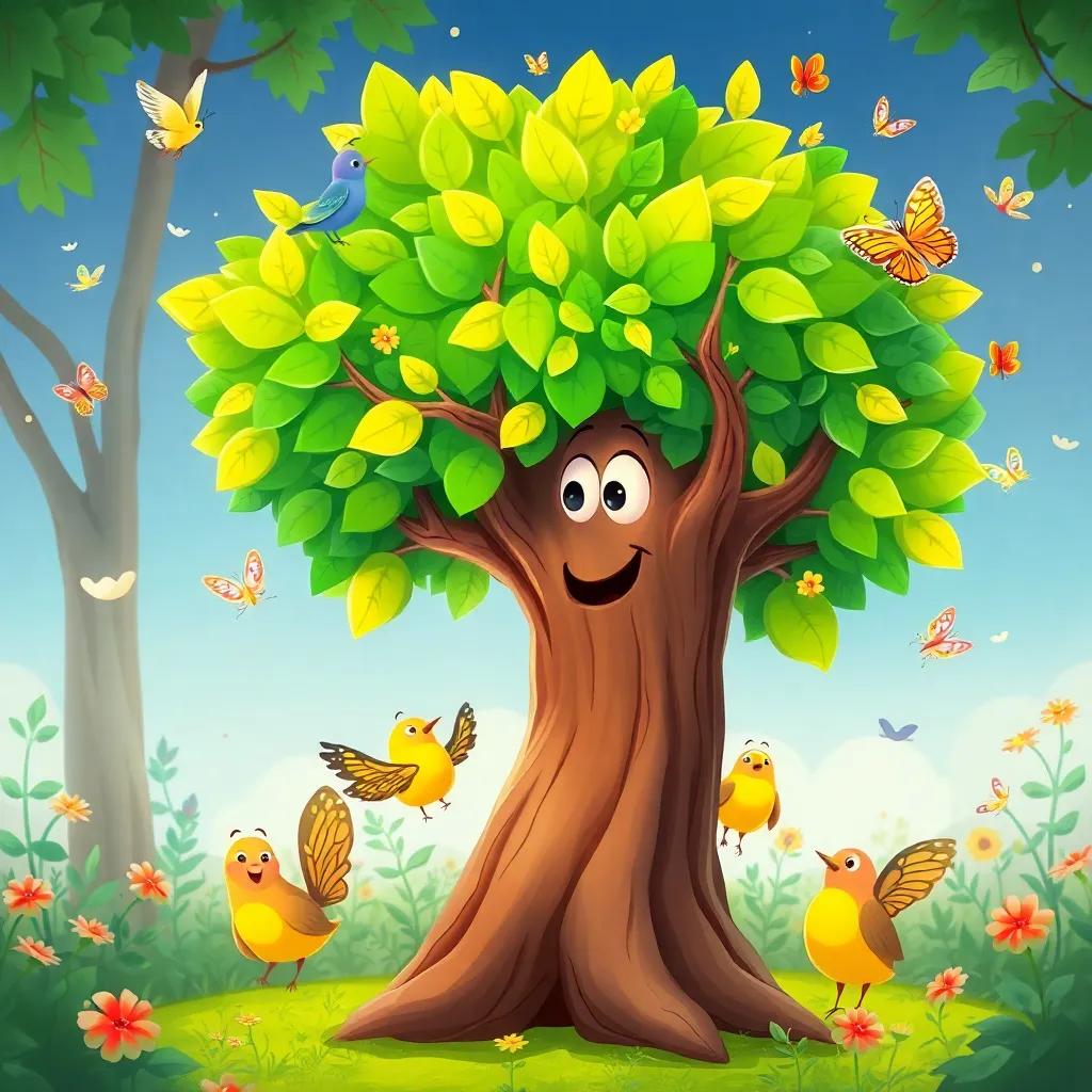 A magical talking tree, with bright leaves and a thick trunk, illustrated in a charming style with a wise face, surrounded by singing birds and butterflies, whimsical, colorful, cheerful