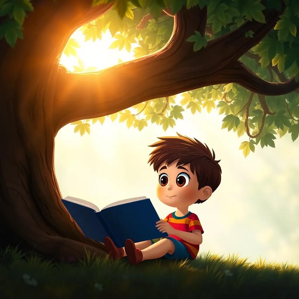 Pablo sitting under the tree, listening to its stories with big eyes, soft sunlight filtering through the leaves, a sense of wonder and adventure, warm colors, inviting atmosphere, child-friendly