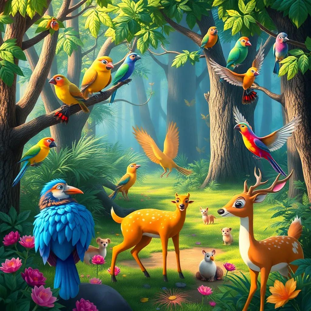 A beautiful scene of animals in the forest, with colorful birds and playful deer, showcasing the richness of nature, vibrant, animated style, full of life and energy