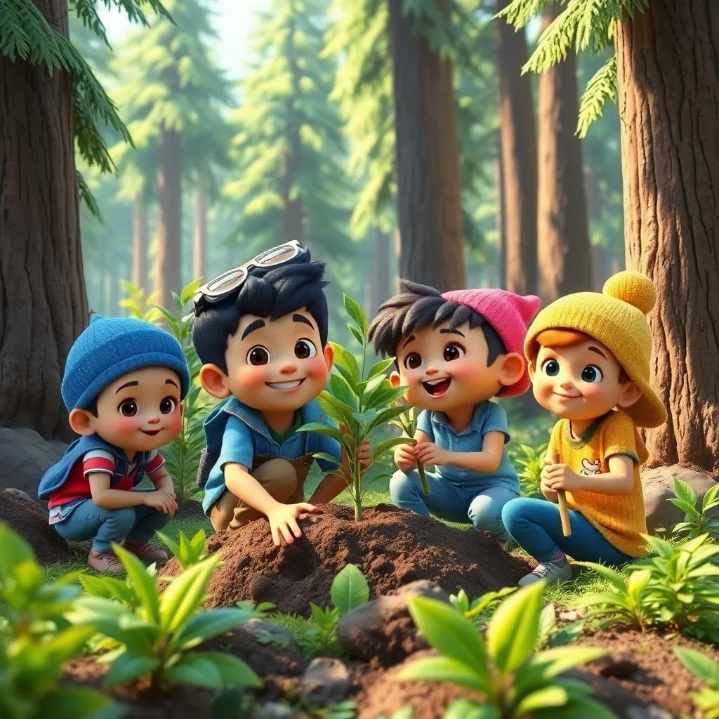 Pablo and his friends planting trees in the forest, working together with smiles, surrounded by beautiful nature, bright colors, happy atmosphere, teamwork and friendship