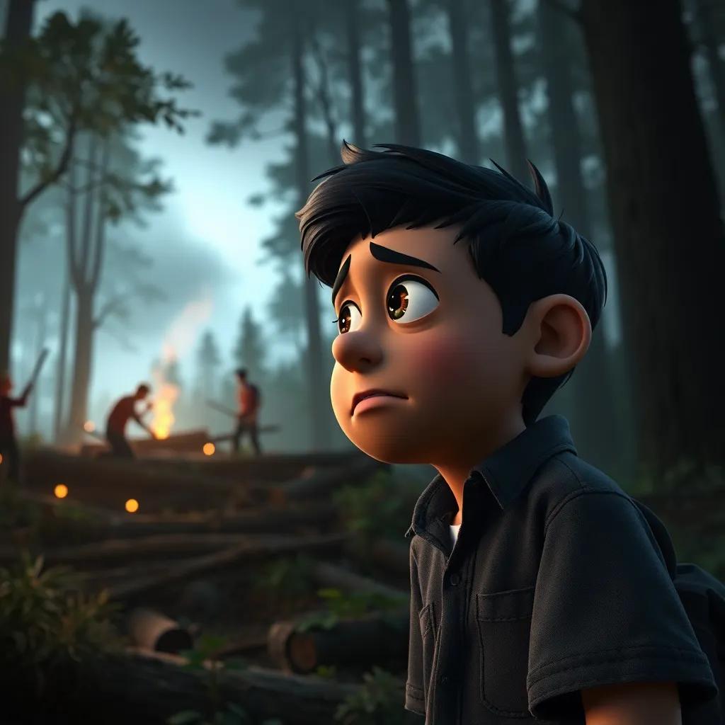 Pablo looking sad as he sees people cutting down trees in the forest, a feeling of concern depicted on his face, with dark and gloomy colors, highlighting the seriousness of the issue, capturing a pivotal moment